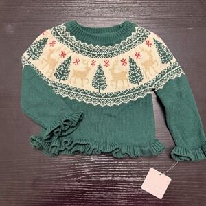 Tahari Infant Reindeer Tree‎ Ruffle Holiday Sweater Size 12 Months Red Green